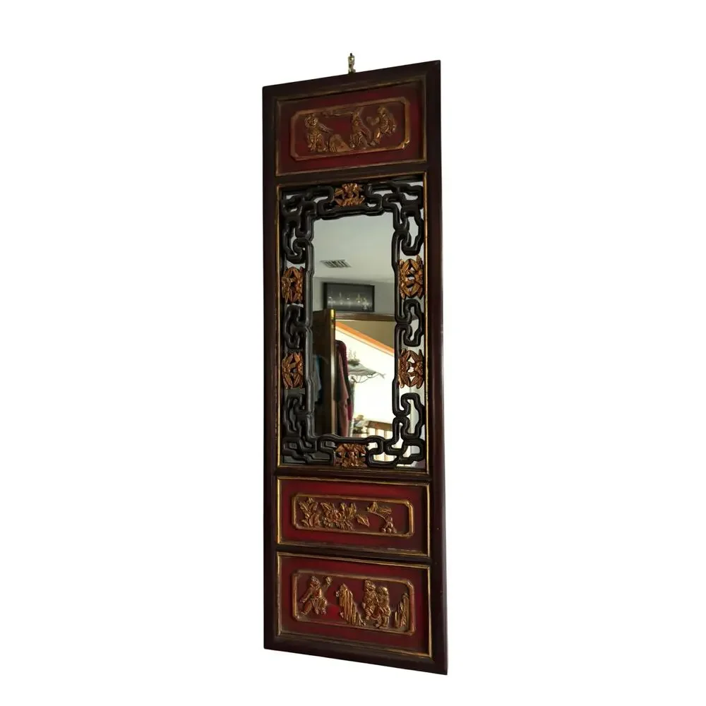 Vintage Chinese Chinoiserie Wall Panel Mirror Black Red Carved 38
